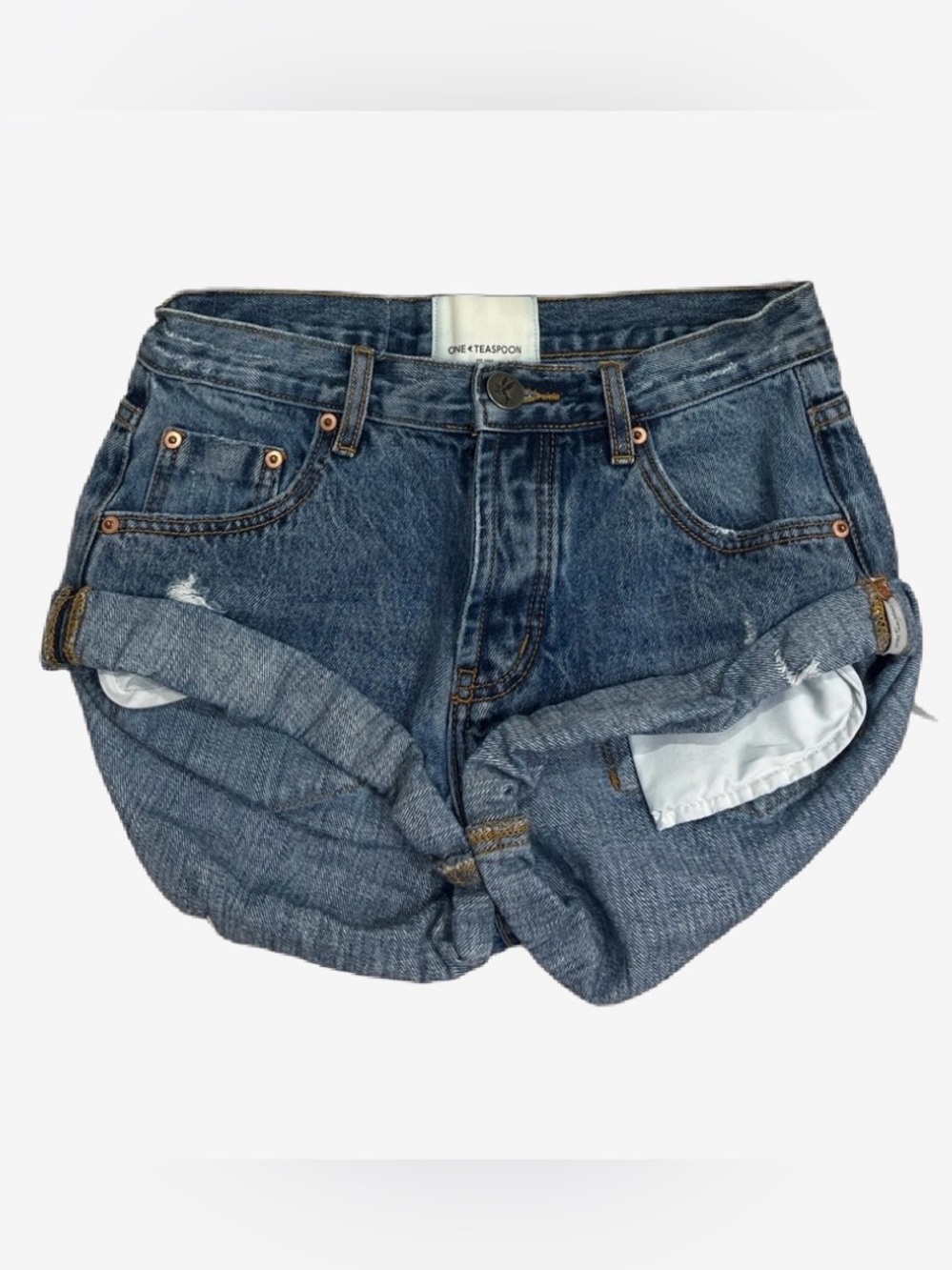 One Teaspoon Distressed Dark Blue Rolled Hem Jean Shorts